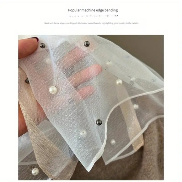 Scarf Elegant Milk White Pearl-Embellished with Gold Accent - Picture 2 of 4